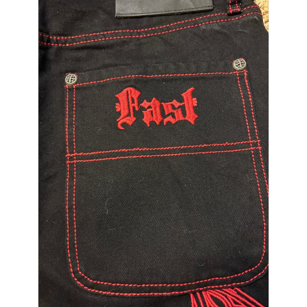 NWT Y2K Affliction Wide Leg Wings Black Red Baggy Jeans Mens Size 31 MSRP $128 - Picture 13 of 15